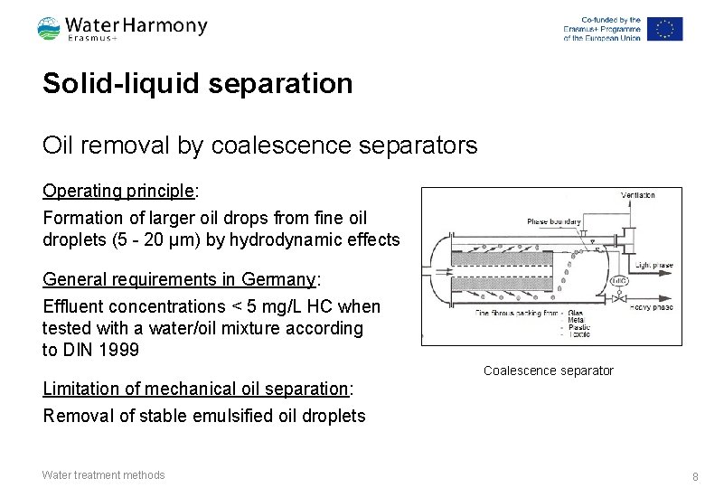 Solid-liquid separation Oil removal by coalescence separators Operating principle: Formation of larger oil drops