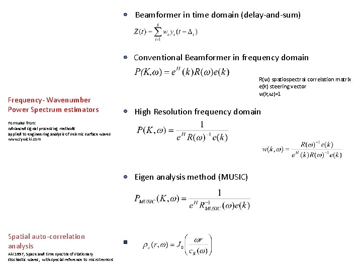 Beamformer in time domain (delay-and-sum) Conventional Beamformer in frequency domain Frequency- Wavenumber Power Spectrum