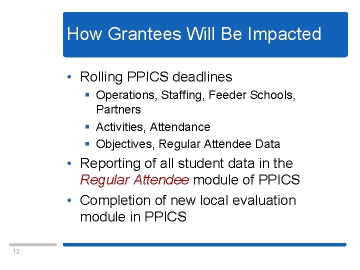 How Grantees Will Be Impacted • Rolling PPICS deadlines § Operations, Staffing, Feeder Schools,