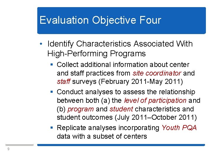 Evaluation Objective Four • Identify Characteristics Associated With High-Performing Programs § Collect additional information