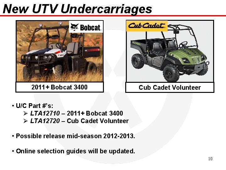 New UTV Undercarriages 2011+ Bobcat 3400 Cub Cadet Volunteer • U/C Part #’s: Ø