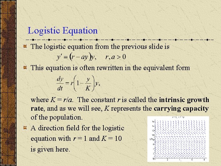 Logistic Equation The logistic equation from the previous slide is This equation is often