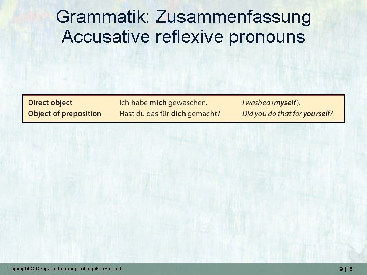 Grammatik: Zusammenfassung Accusative reflexive pronouns Copyright © Cengage Learning. All rights reserved. 9 |