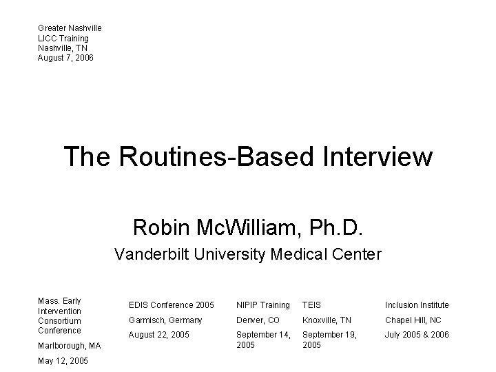 Greater Nashville LICC Training Nashville, TN August 7, 2006 The Routines-Based Interview Robin Mc.