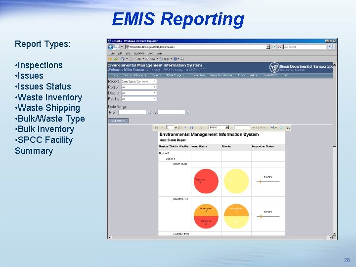 EMIS Reporting Report Types: • Inspections • Issues Status • Waste Inventory • Waste