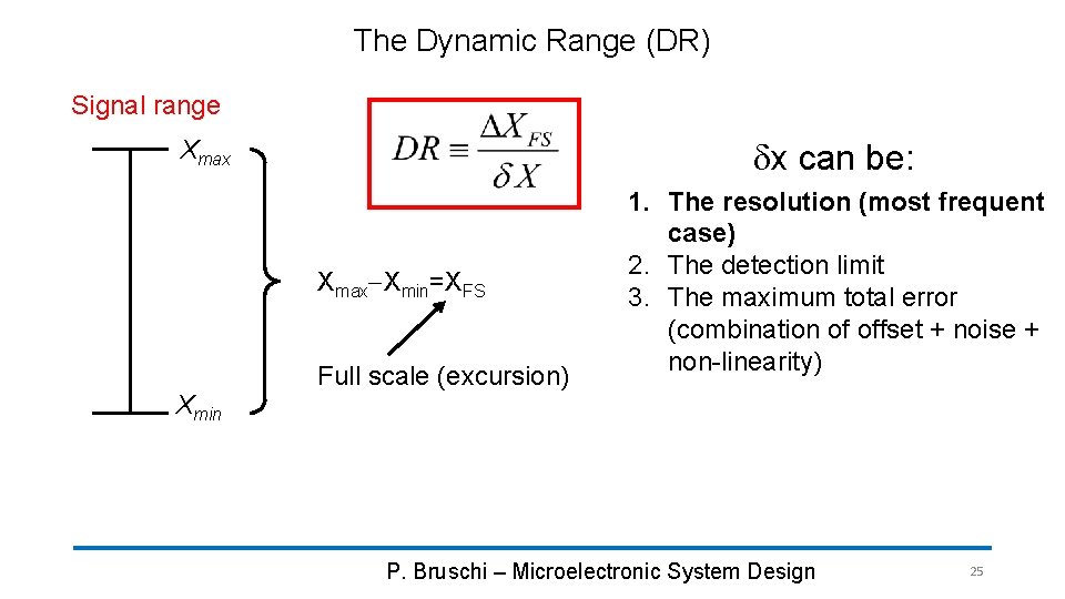 The Dynamic Range (DR) Signal range dx can be: Xmax-Xmin=XFS Xmin Full scale (excursion)