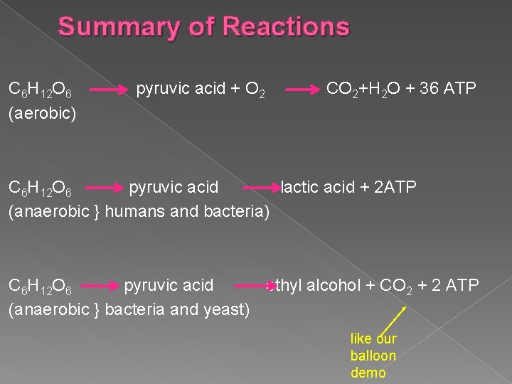 Summary of Reactions C 6 H 12 O 6 (aerobic) pyruvic acid + O