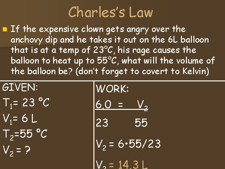 Charles’s Law n If the expensive clown gets angry over the anchovy dip and