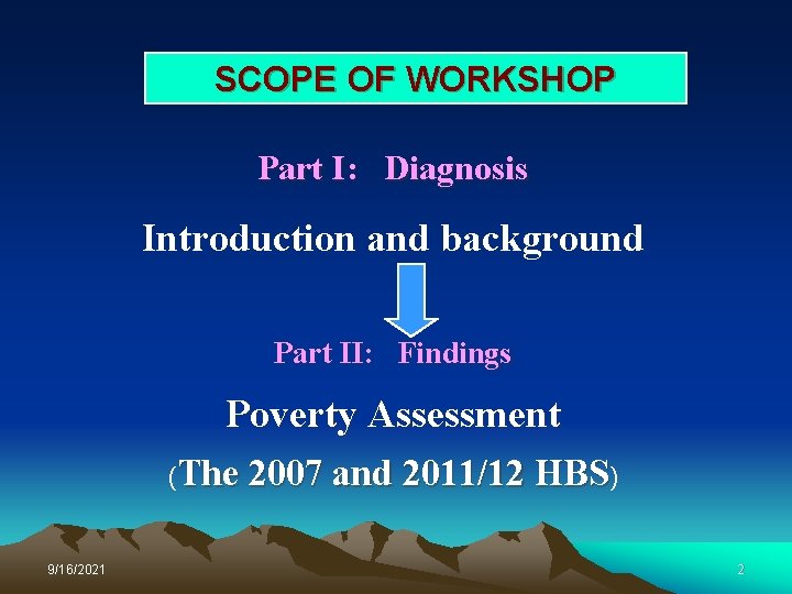 SCOPE OF WORKSHOP Part I: Diagnosis Introduction and background Part II: Findings Poverty Assessment