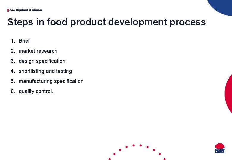 NSW Department of Education Steps in food product development process 1. Brief 2. market