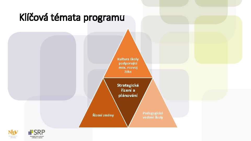 Klíčová témata programu Kultura školy podporující max. rozvoj žáka Strategické řízení a plánování Řízení