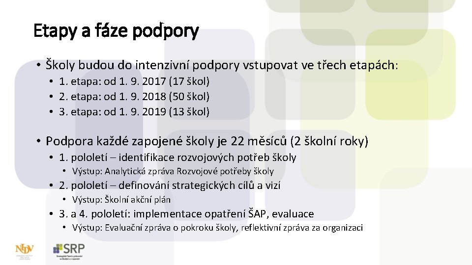 Etapy a fáze podpory • Školy budou do intenzivní podpory vstupovat ve třech etapách: