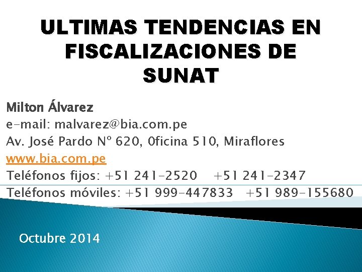 ULTIMAS TENDENCIAS EN FISCALIZACIONES DE SUNAT Milton Álvarez e-mail: malvarez@bia. com. pe Av. José
