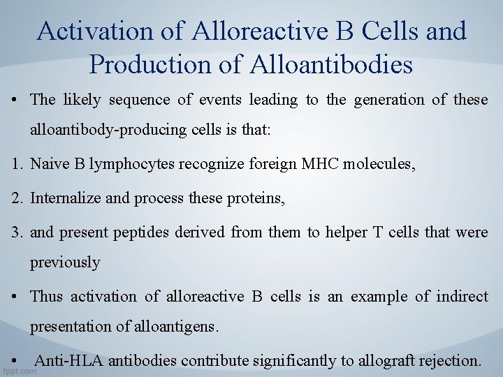 Activation of Alloreactive B Cells and Production of Alloantibodies • The likely sequence of