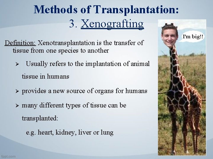 Methods of Transplantation: 3. Xenografting Definition: Xenotransplantation is the transfer of tissue from one