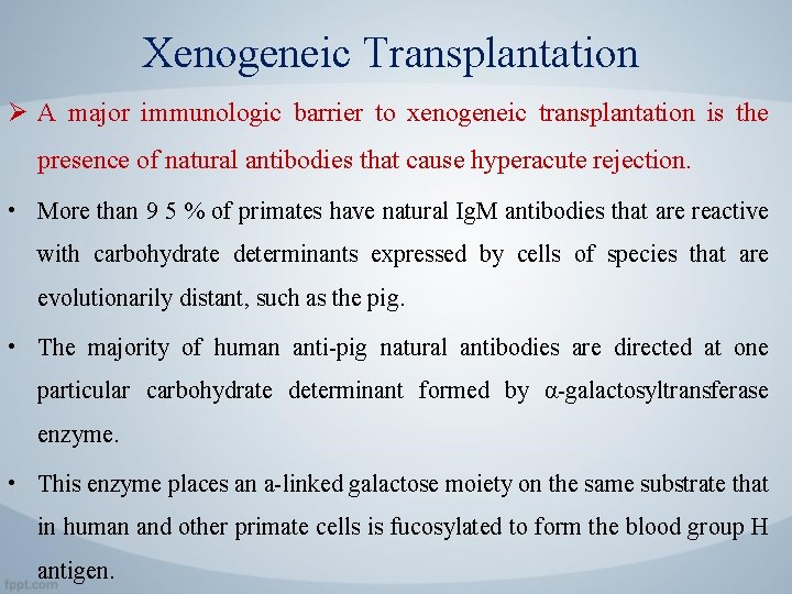 Xenogeneic Transplantation Ø A major immunologic barrier to xenogeneic transplantation is the presence of