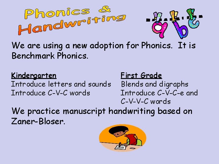 We are using a new adoption for Phonics. It is Benchmark Phonics. Kindergarten Introduce