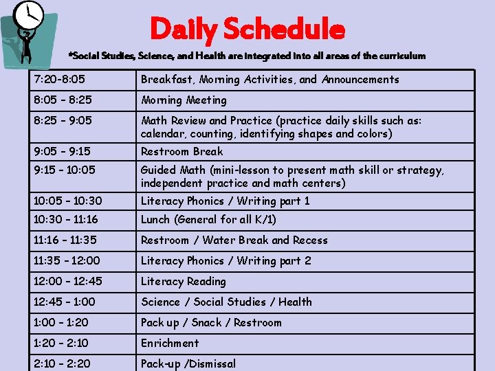 Daily Schedule *Social Studies, Science, and Health are integrated into all areas of the