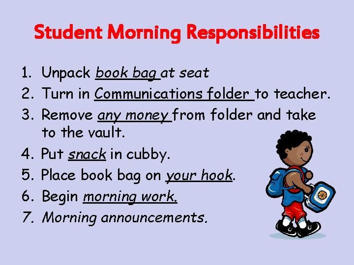 Student Morning Responsibilities 1. Unpack book bag at seat 2. Turn in Communications folder