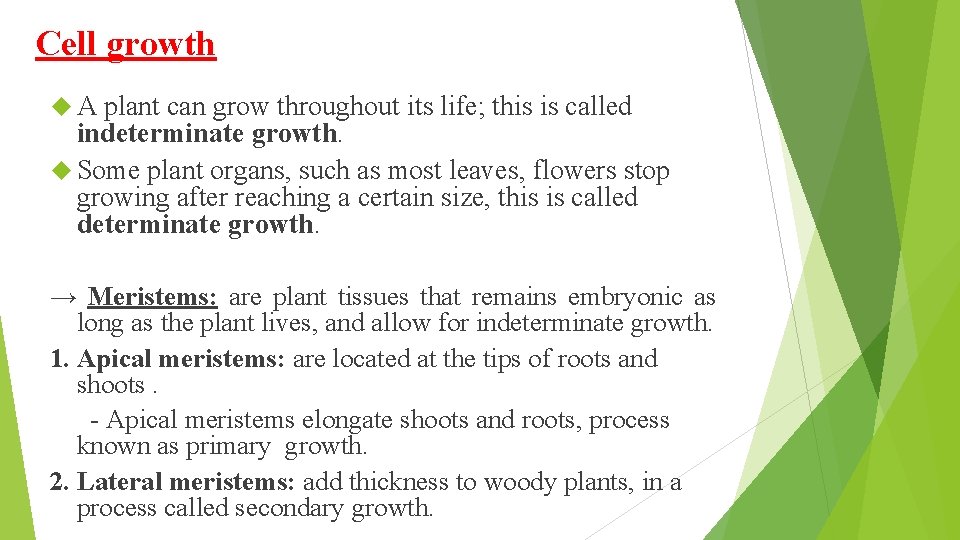 Cell growth A plant can grow throughout its life; this is called indeterminate growth.