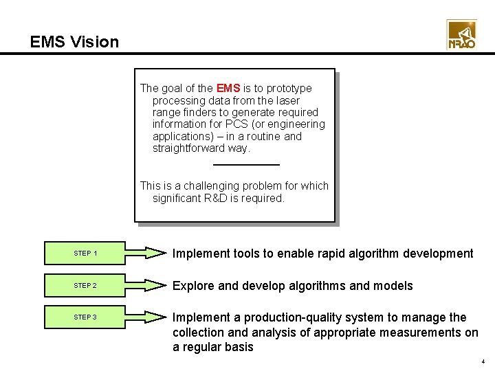 EMS Vision The goal of the EMS is to prototype processing data from the EMS Vision The goal of the EMS is to prototype processing data from the
