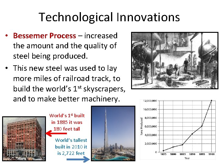 Technological Innovations • Bessemer Process – increased the amount and the quality of steel Technological Innovations • Bessemer Process – increased the amount and the quality of steel