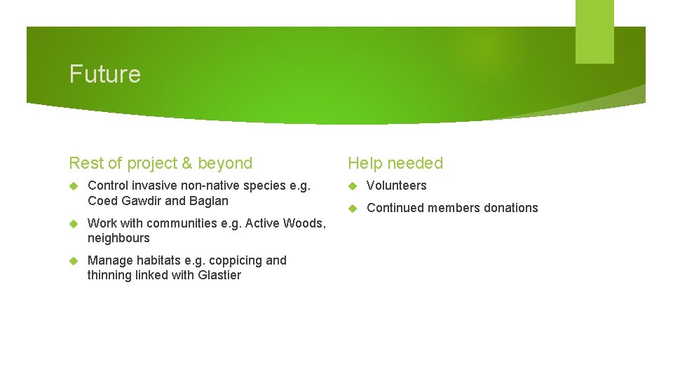 Future Rest of project & beyond Control invasive non-native species e. g. Coed Gawdir