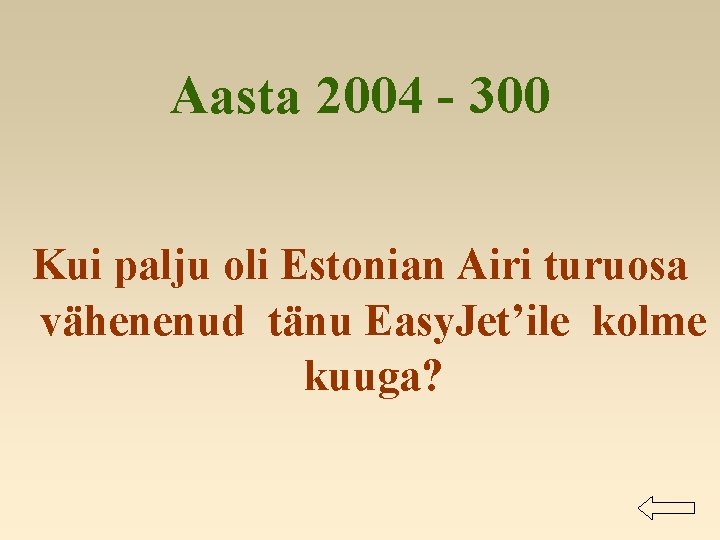 Aasta 2004 - 300 Kui palju oli Estonian Airi turuosa vähenenud tänu Easy. Jet’ile