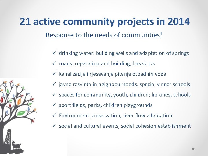 21 active community projects in 2014 Response to the needs of communities! ü drinking