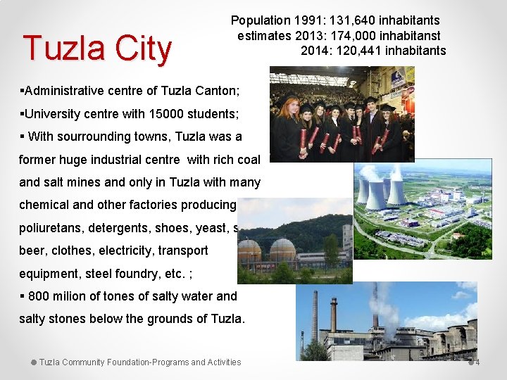 Tuzla City Population 1991: 131, 640 inhabitants estimates 2013: 174, 000 inhabitanst 2014: 120,