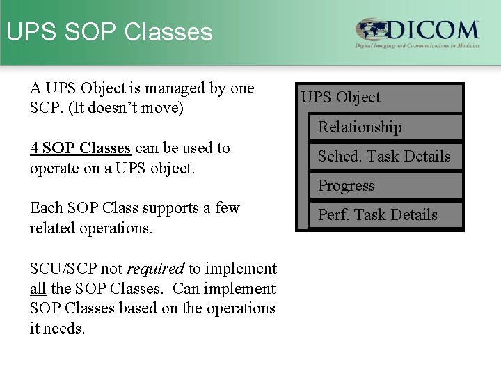 UPS SOP Classes A UPS Object is managed by one SCP. (It doesn’t move)