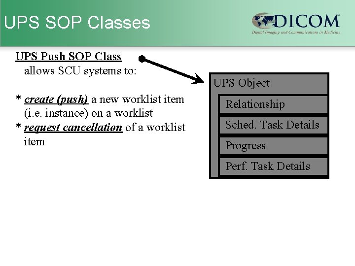 UPS SOP Classes UPS Push SOP Class allows SCU systems to: * create (push)