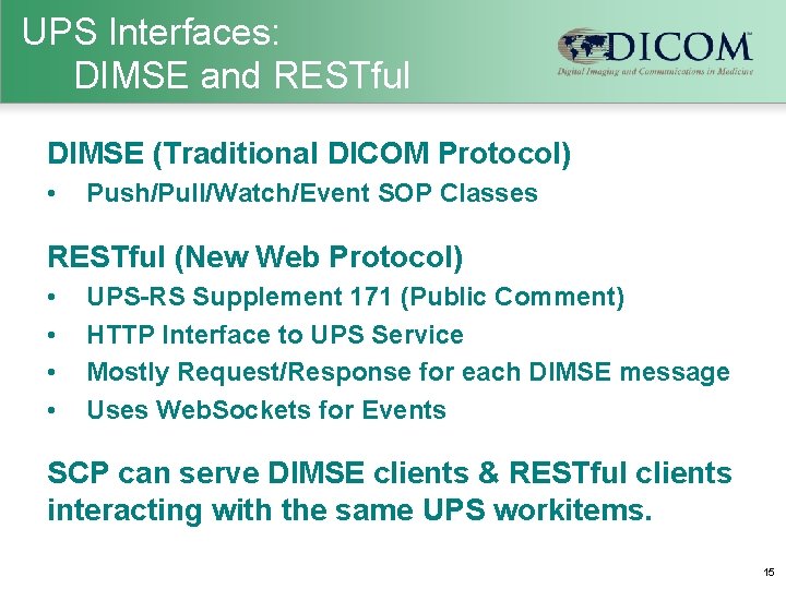 UPS Interfaces: DIMSE and RESTful DIMSE (Traditional DICOM Protocol) • Push/Pull/Watch/Event SOP Classes RESTful
