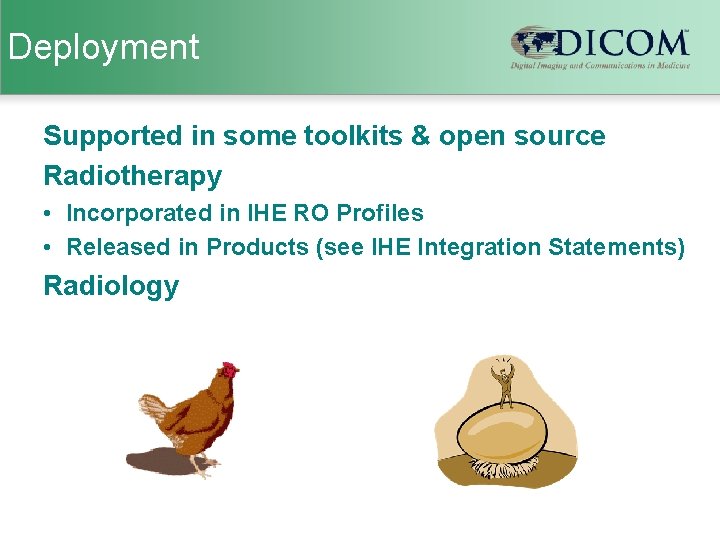 Deployment Supported in some toolkits & open source Radiotherapy • Incorporated in IHE RO