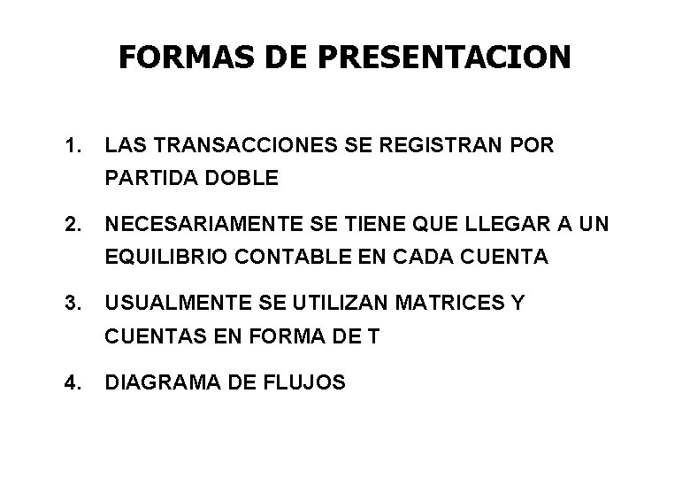 FORMAS DE PRESENTACION 1. LAS TRANSACCIONES SE REGISTRAN POR PARTIDA DOBLE 2. NECESARIAMENTE SE