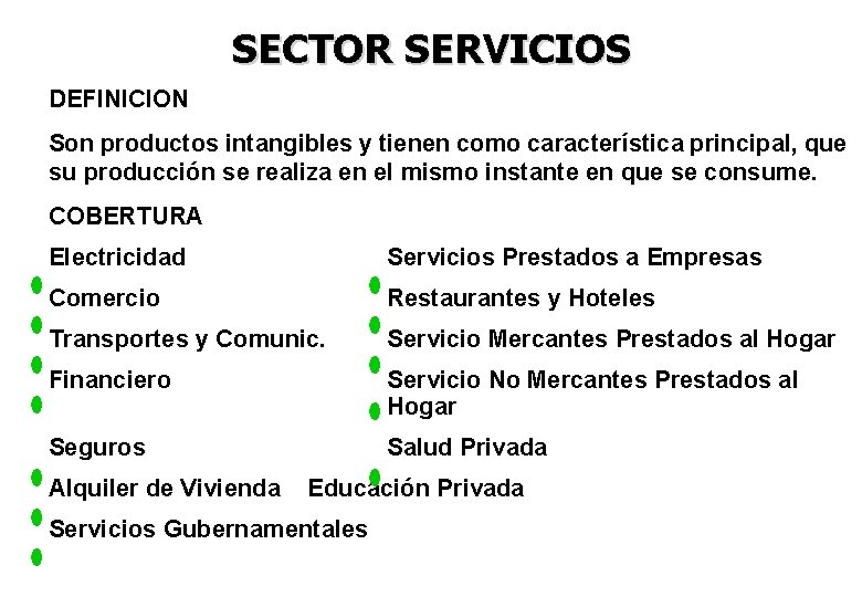 SECTOR SERVICIOS DEFINICION Son productos intangibles y tienen como característica principal, que su producción