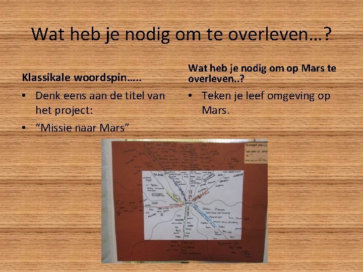 Wat heb je nodig om te overleven…? Klassikale woordspin…. . • Denk eens aan