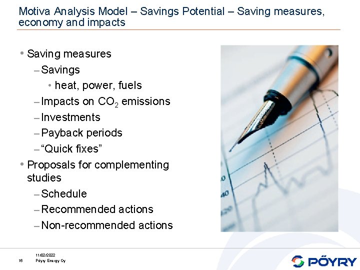 Motiva Analysis Model – Savings Potential – Saving measures, economy and impacts • Saving