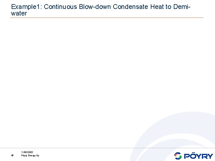 Example 1: Continuous Blow-down Condensate Heat to Demiwater 45 11/02/2022 Pöyry Energy Oy 