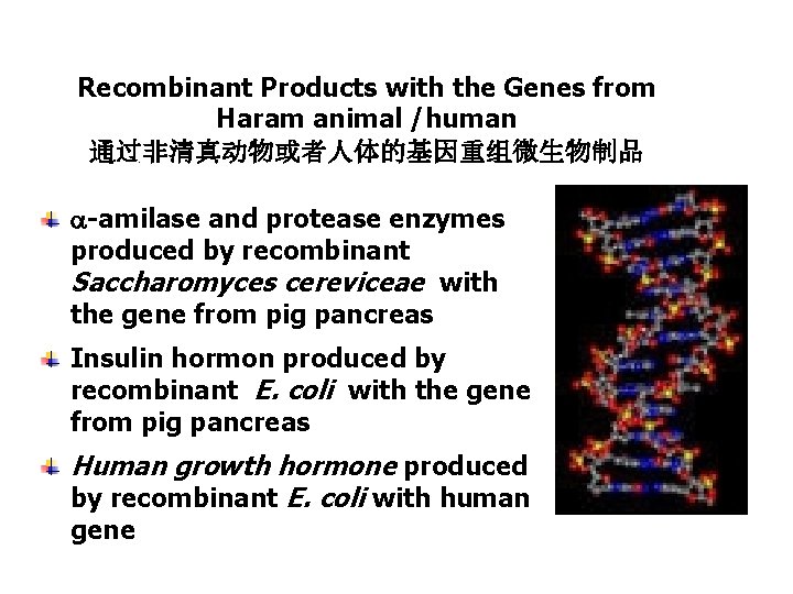 Recombinant Products with the Genes from Haram animal /human 通过非清真动物或者人体的基因重组微生物制品 Example of recombinant products