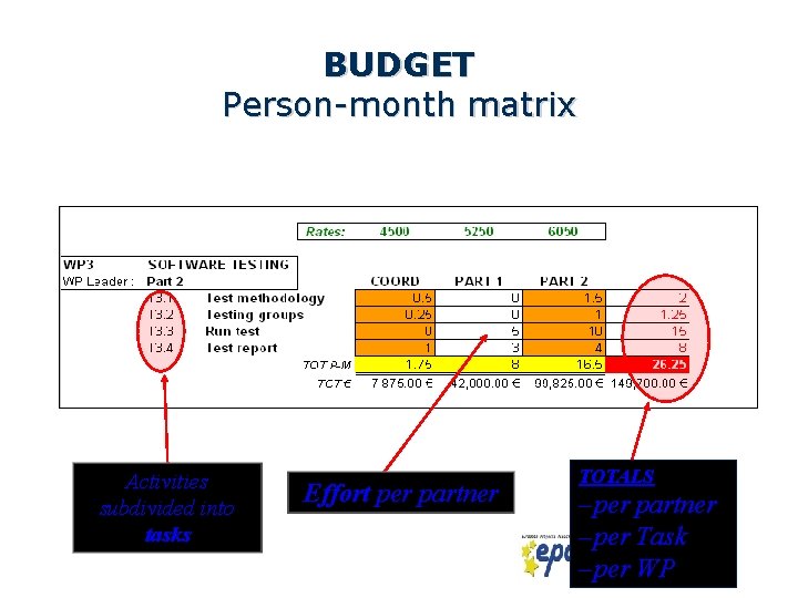 BUDGET Person-month matrix Activities subdivided into tasks Effort per partner TOTALS – per partner