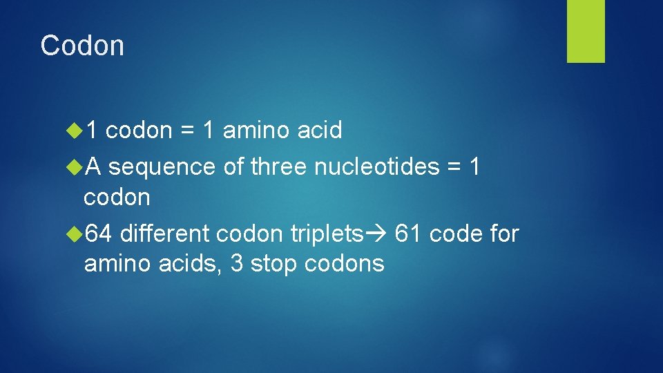 Codon 1 codon = 1 amino acid A sequence of three nucleotides = 1