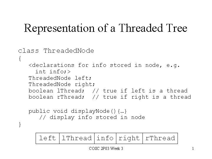 Representation of a Threaded Tree class Threaded. Node { <declarations for info stored in