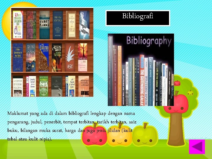 Bibliografi Maklumat yang ada di dalam bibliografi lengkap dengan nama pengarang, judul, penerbit, tempat