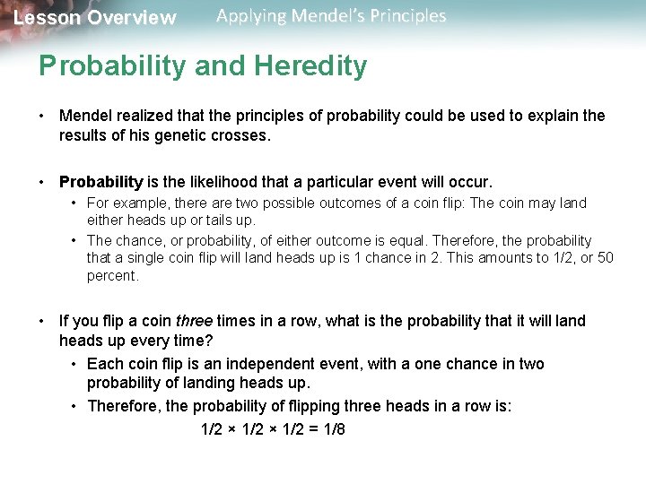 Lesson Overview Applying Mendel’s Principles Probability and Heredity • Mendel realized that the principles