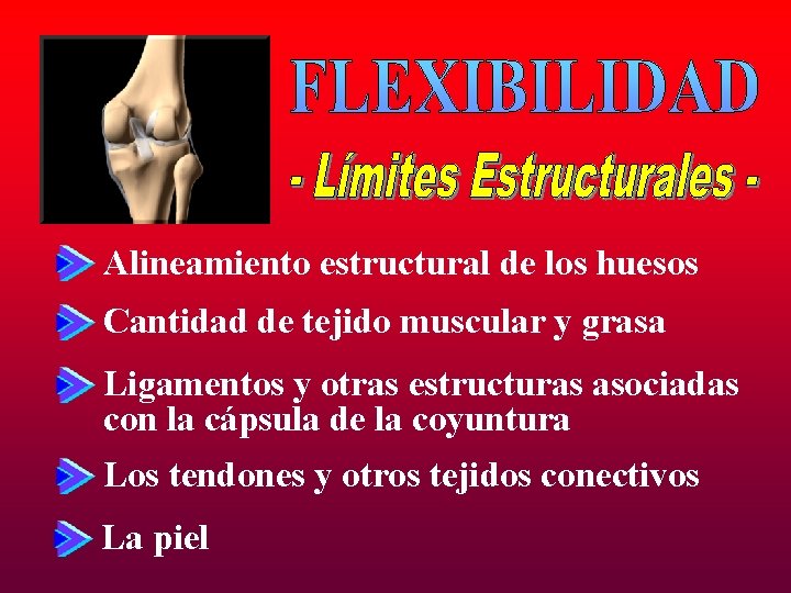 Alineamiento estructural de los huesos Cantidad de tejido muscular y grasa Ligamentos y otras