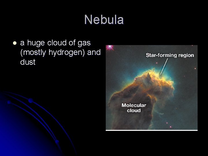 Nebula l a huge cloud of gas (mostly hydrogen) and dust 