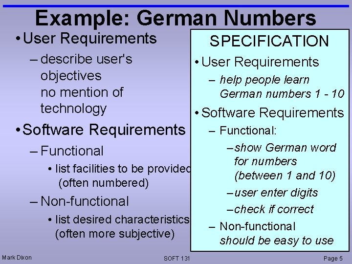 Example: German Numbers • User Requirements SPECIFICATION – describe user's objectives no mention of