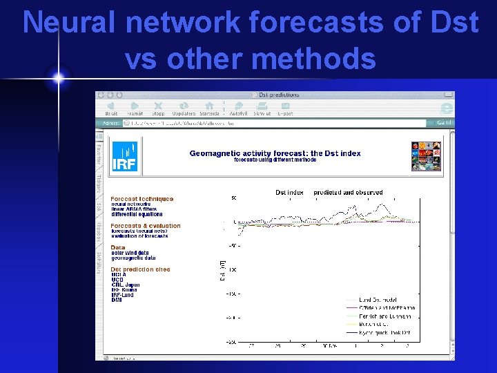 Neural network forecasts of Dst vs other methods 