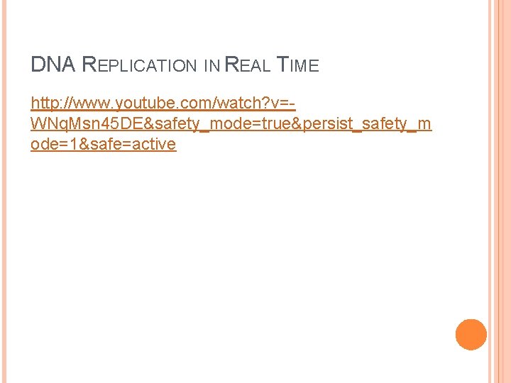 DNA REPLICATION IN REAL TIME http: //www. youtube. com/watch? v=WNq. Msn 45 DE&safety_mode=true&persist_safety_m ode=1&safe=active DNA REPLICATION IN REAL TIME http: //www. youtube. com/watch? v=WNq. Msn 45 DE&safety_mode=true&persist_safety_m ode=1&safe=active